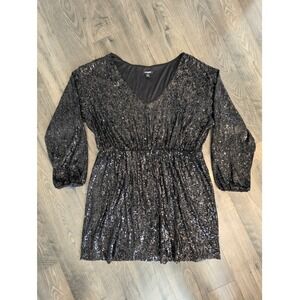 Women's XL Express Black Sequin V Neck Long Sleeve Ruched Waist Mini Dress Party